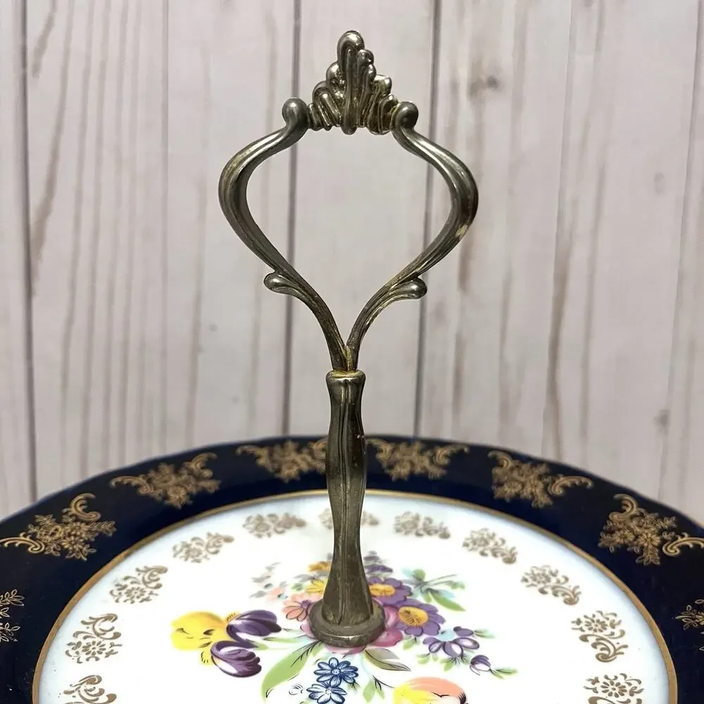 Vintage A-I Czech Republic Design 2 Tier Porcelain Serving Stand Cobalt Floral